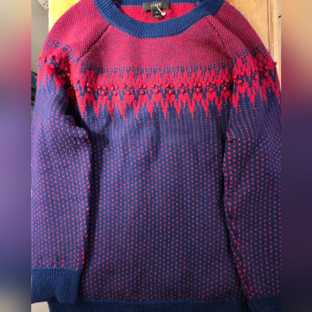 J Crew Woman's Blue and Red Crewneck Wool Sweater